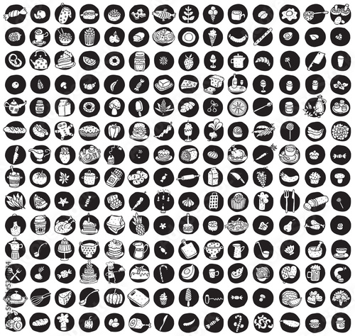 Collection of 196 food and kitchen doodled icons