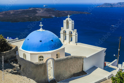 Blue famouse dome church at Firostefani on Santorini island in