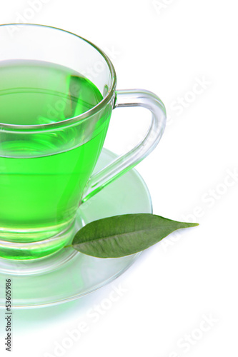Transparent cup of green tea, isolated on white
