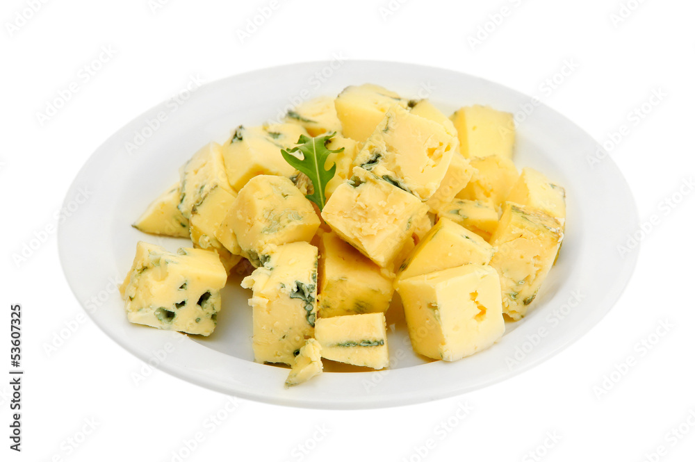Tasty blue cheese on plate, isolated on white Tasty blue cheese on plate, isolated on white