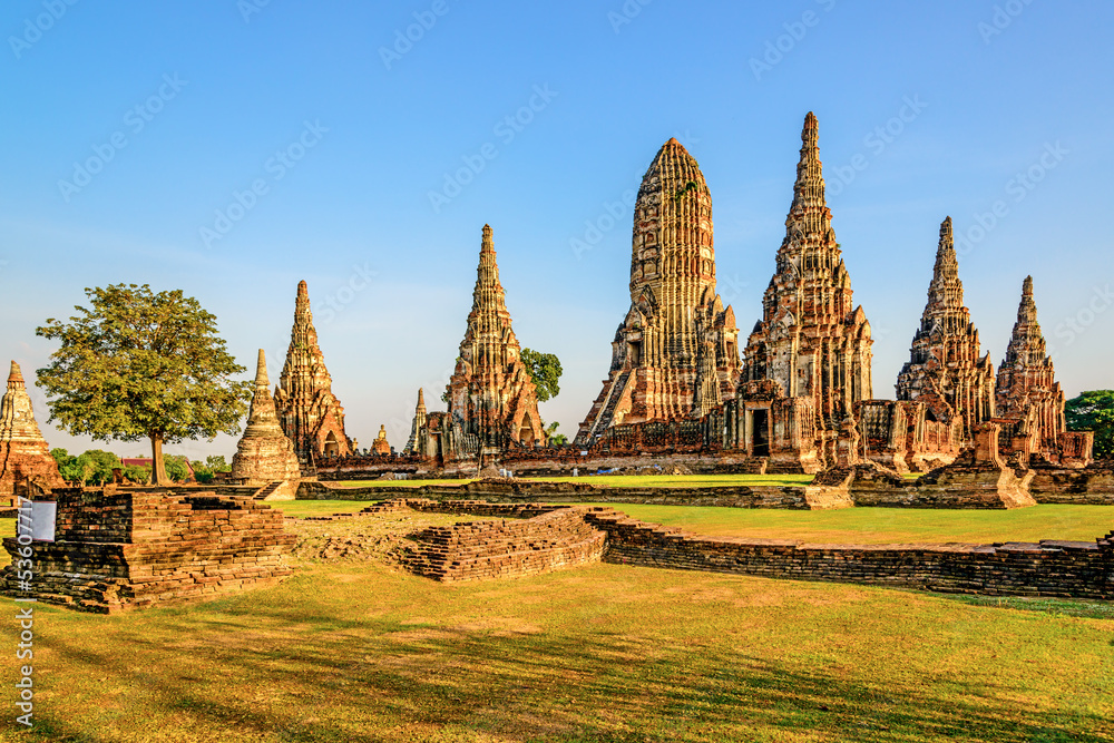 Wat Chai Watthnaram ruins in Ayudhya, Thailand at early-evening.