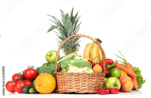 Assortment of fresh fruits and vegetables  isolated on white