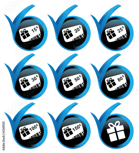 9 cartes cadeaux sur bouton validé bleu