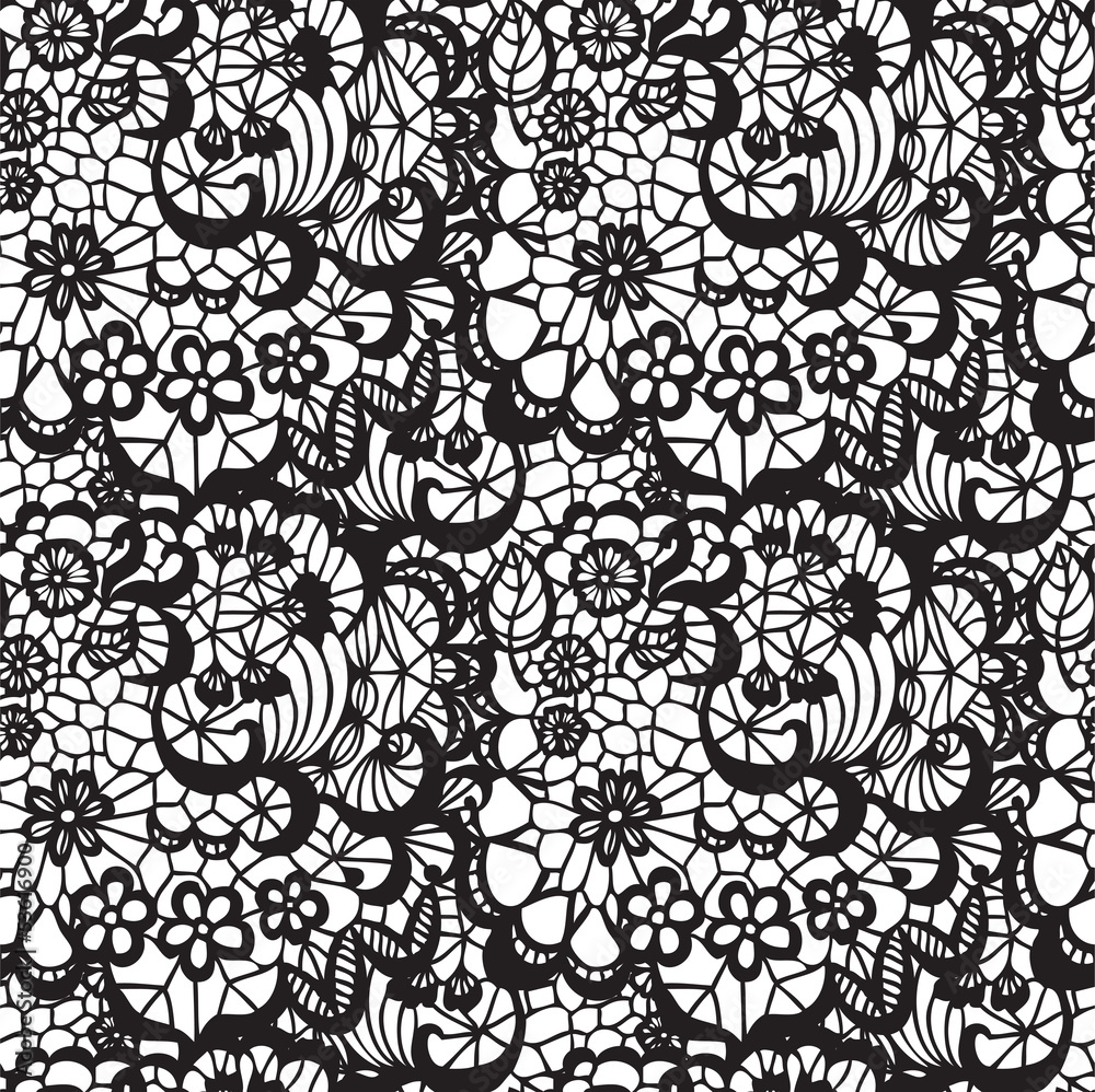 Fototapeta premium Lace black seamless pattern with flowers on white background