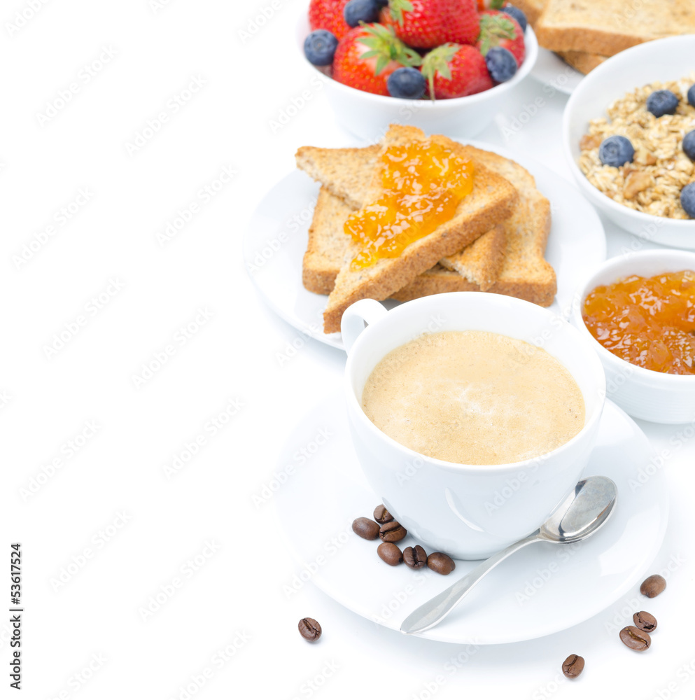 cup of cappuccino, toast with orange jam, berries and muesli cup of cappuccino, toast with orange jam, berries and muesli