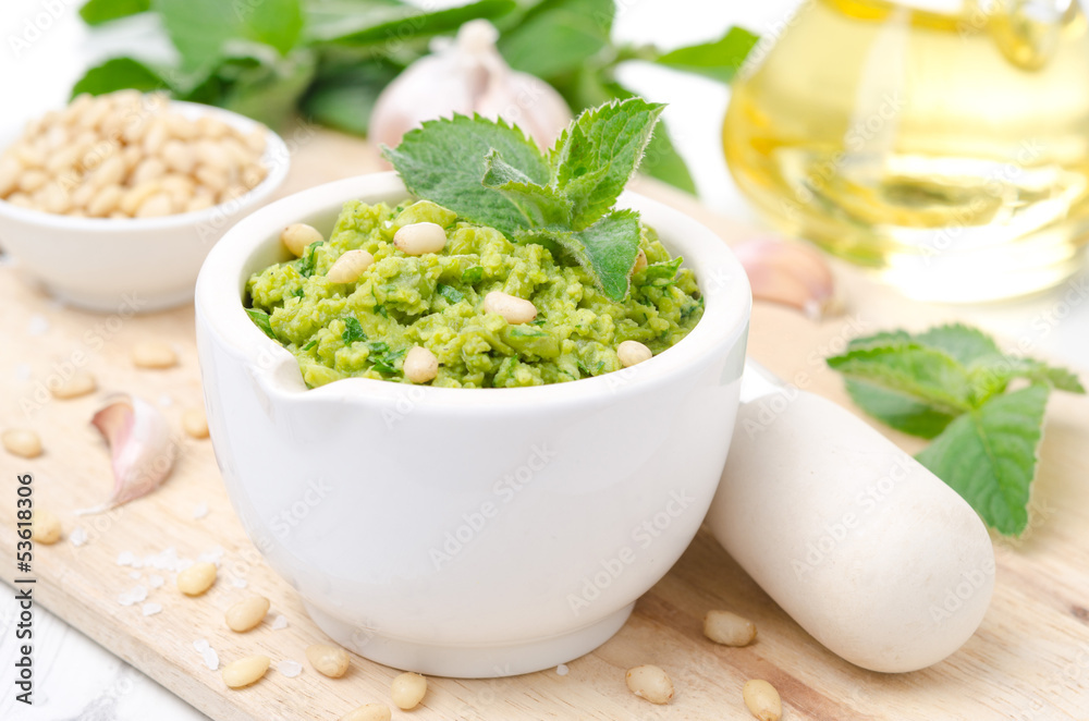 pesto with green peas and mint, horizontal pesto with green peas and mint, horizontal