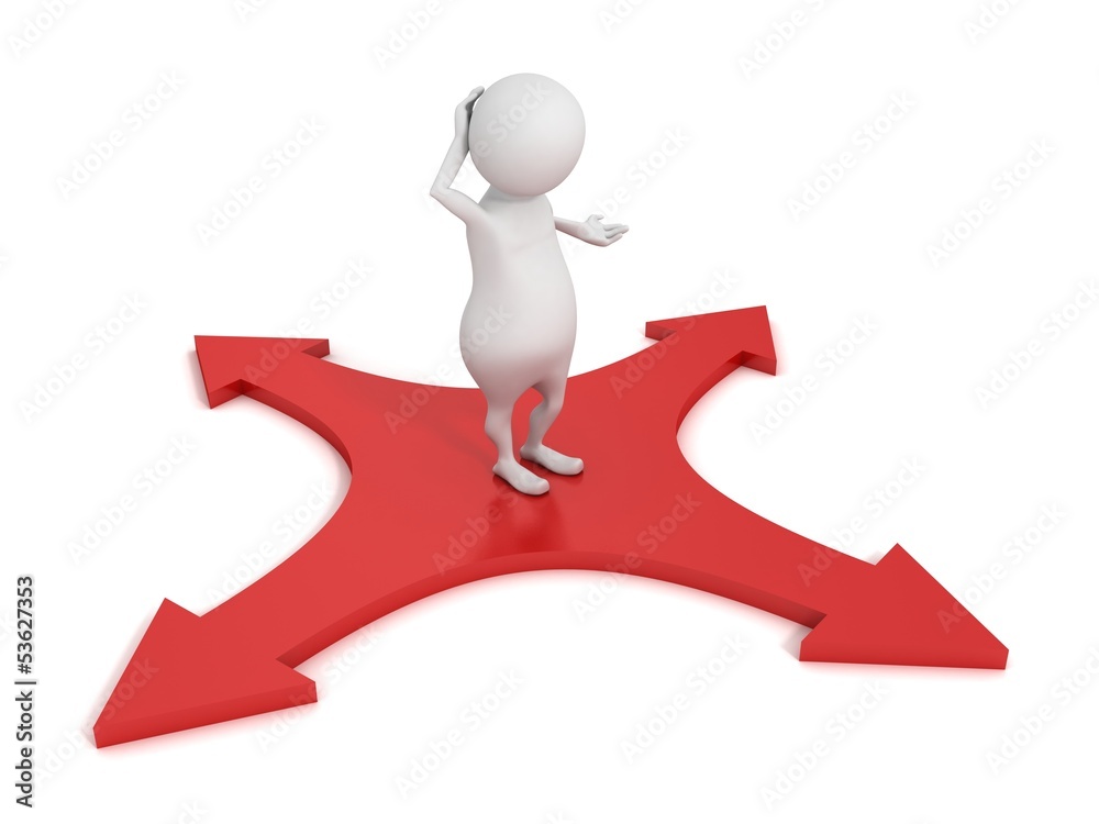 3d cartoon character choosing path red arrows cross 3d cartoon character choosing path red arrows cross