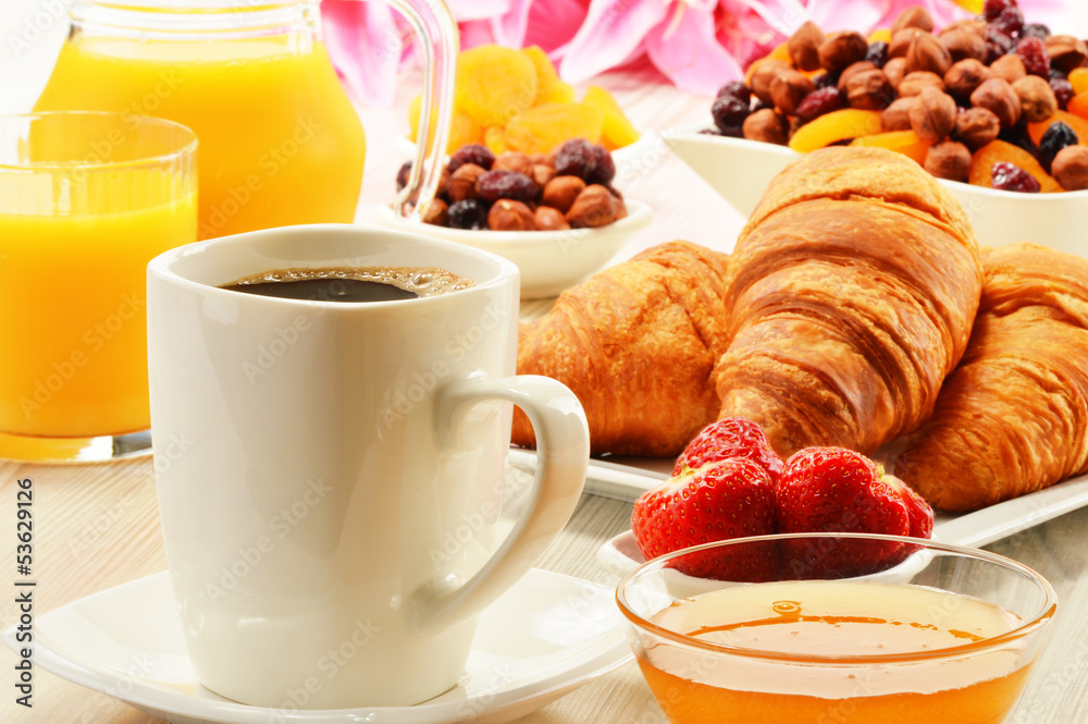 Breakfast with croissants cup of coffee and fruits Breakfast with croissants cup of coffee and fruits