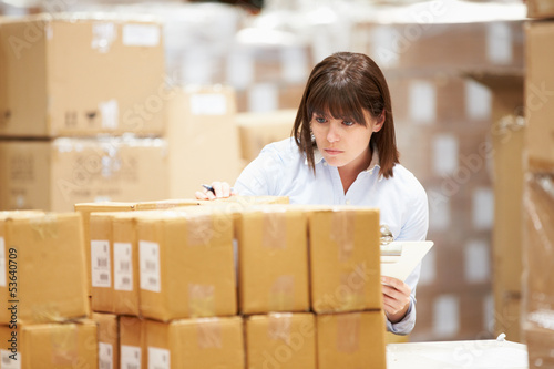 Worker In Warehouse Preparing Goods For Dispatch photo