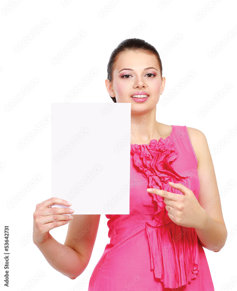 A smiling woman with a blank, isolated on white background A smiling woman with a blank, isolated on white background