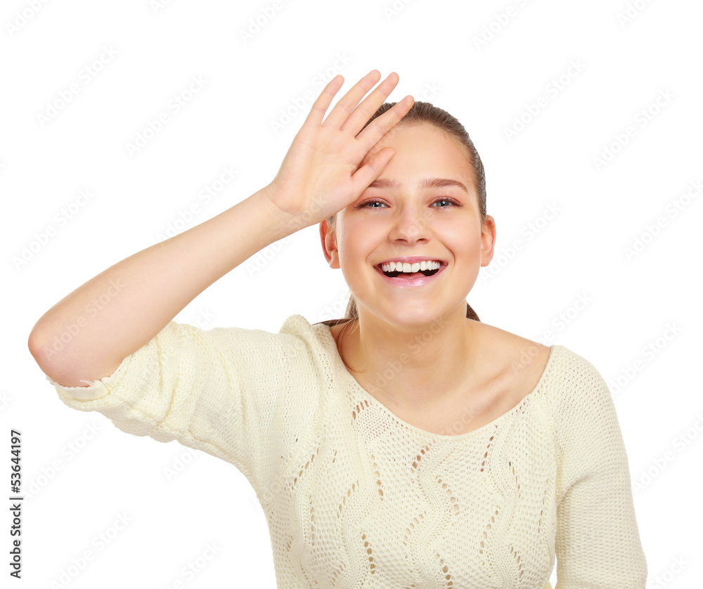 A portrait of young smiling woman on white background