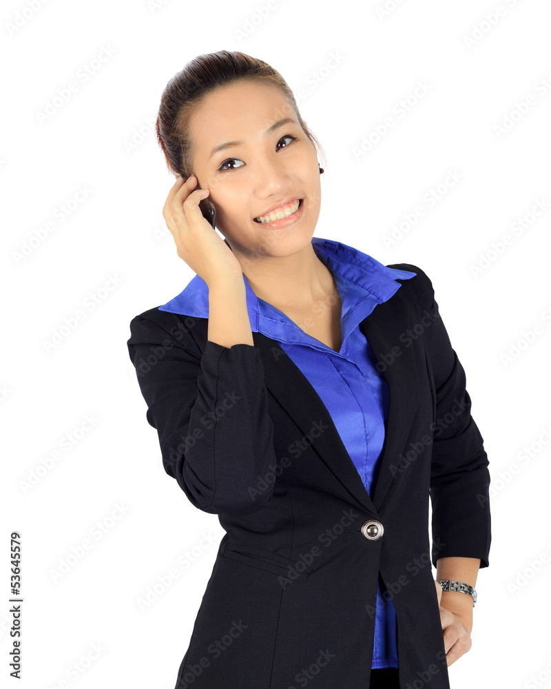 Isolated young business woman has a conversation on a mobile pho Isolated young business woman has a conversation on a mobile pho