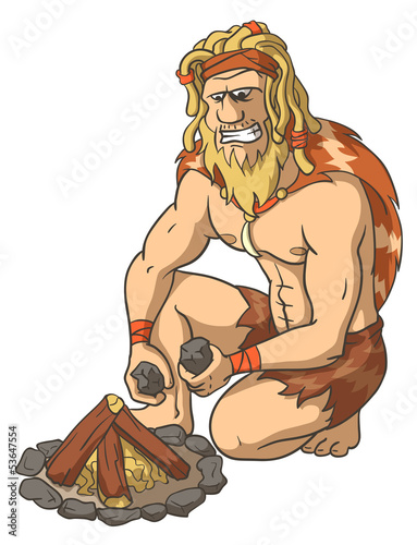 Primitive Man Kindles a Fire