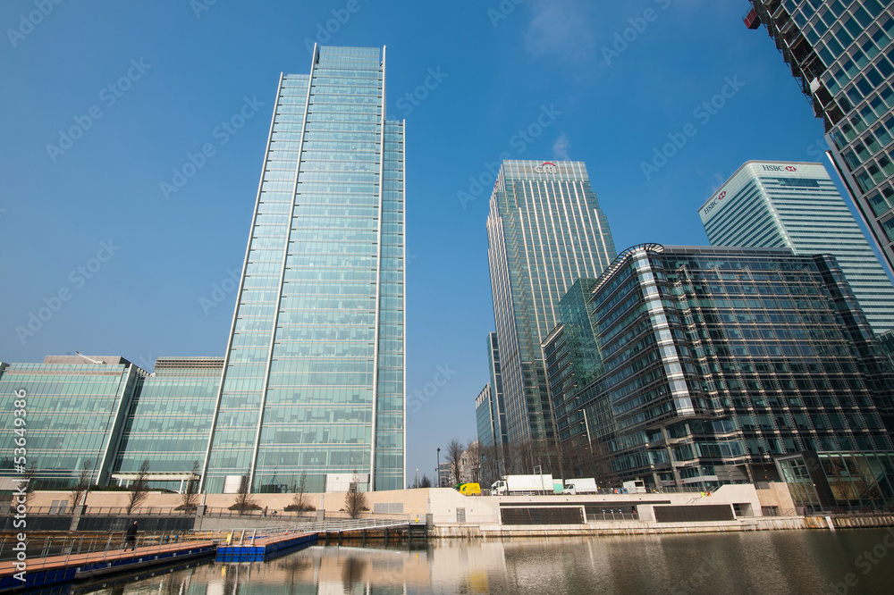Canary Wharf buildings in London. Canary Wharf buildings in London.