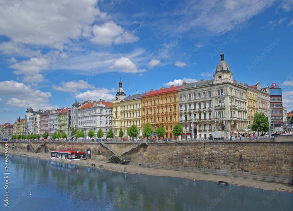 View of historic buildings and river in Prague, Czech Republic