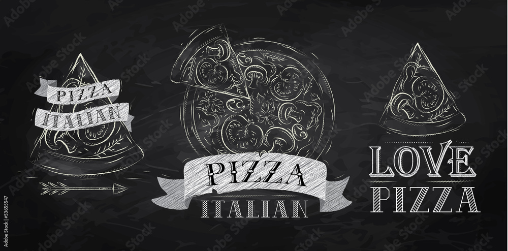 Pizza logos, icons and a slice of pizza chalk