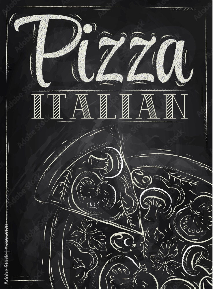 Poster with pizza and a slice of pizza chalk