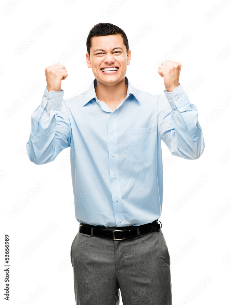 Mixed race businessman celebrating success isolated on white bac Mixed race businessman celebrating success isolated on white bac