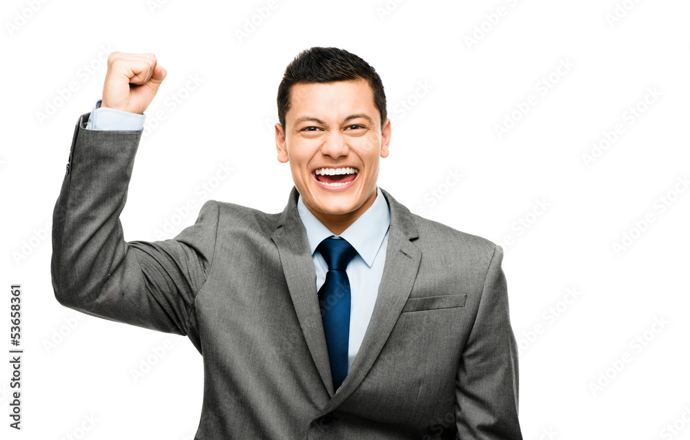 Mixed race businessman celebrating success isolated on white bac Mixed race businessman celebrating success isolated on white bac