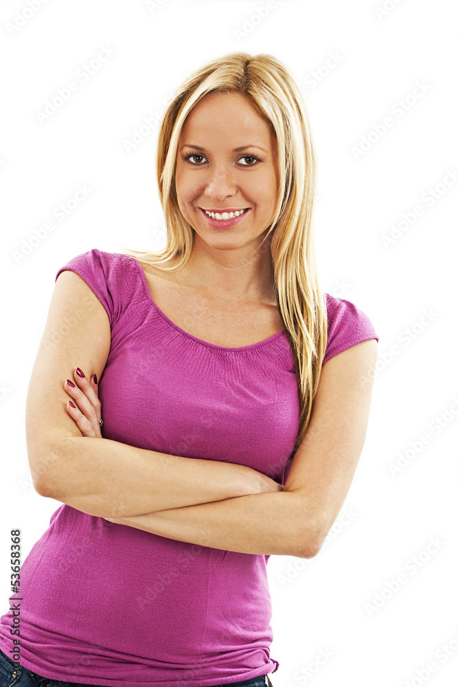 Beautiful European young woman standing with her hands folded Beautiful European young woman standing with her hands folded