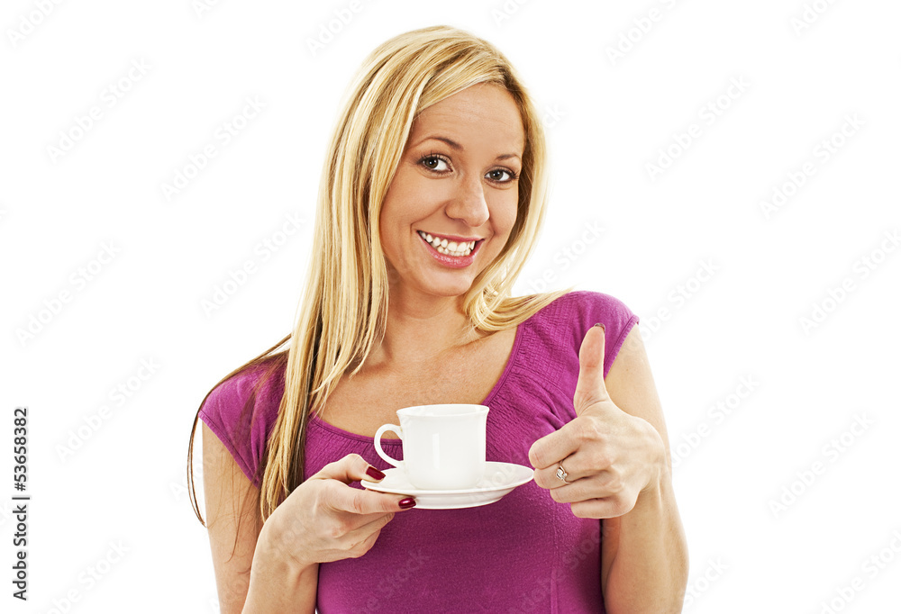 Satisfied girl enjoys drinking her coffee and showing thumbs up Satisfied girl enjoys drinking her coffee and showing thumbs up