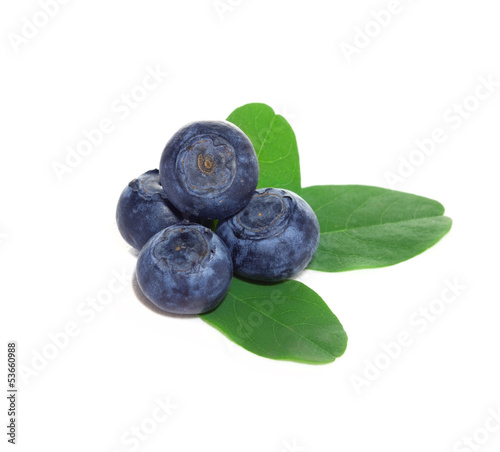 Blueberries, blueberry with leaves on white background.