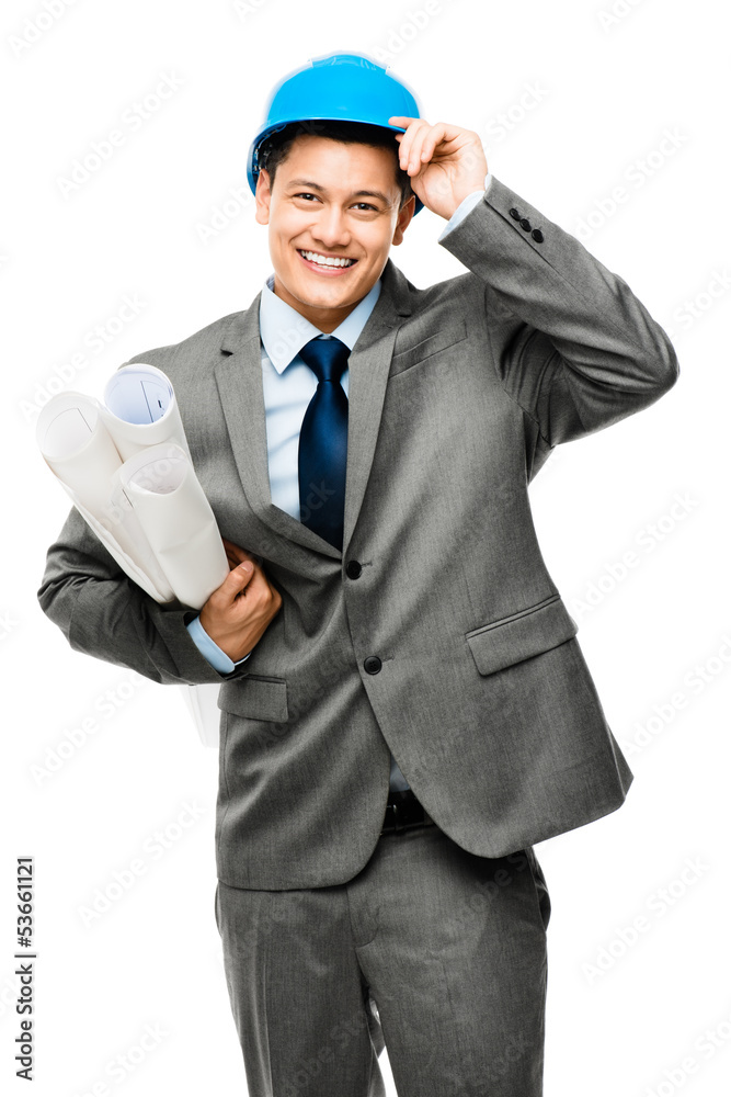 Confident Latin American businessman architect on white backgrou Confident Latin American businessman architect on white backgrou