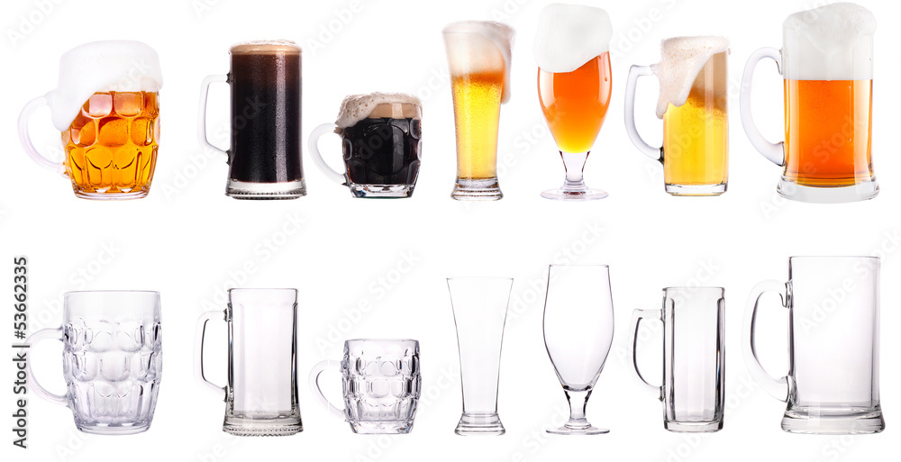 fresh beer collection full and empty glasses fresh beer collection full and empty glasses