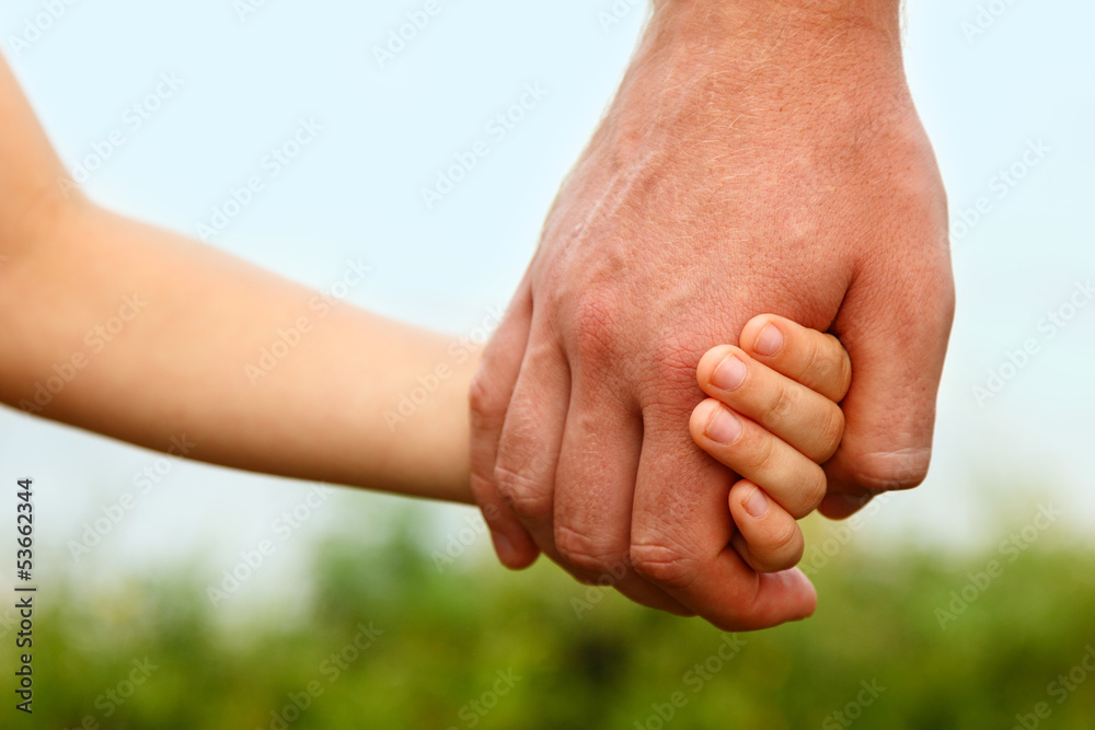 father lead by hand his son, summer forest nature outdoor father lead by hand his son, summer forest nature outdoor