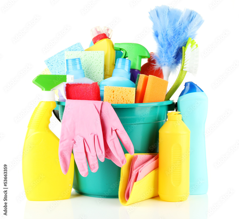 Cleaning items in bucket isolated on white Cleaning items in bucket isolated on white