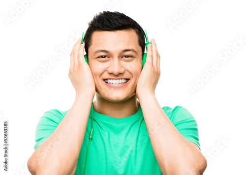 Asian lsitening to music student heaphones white background