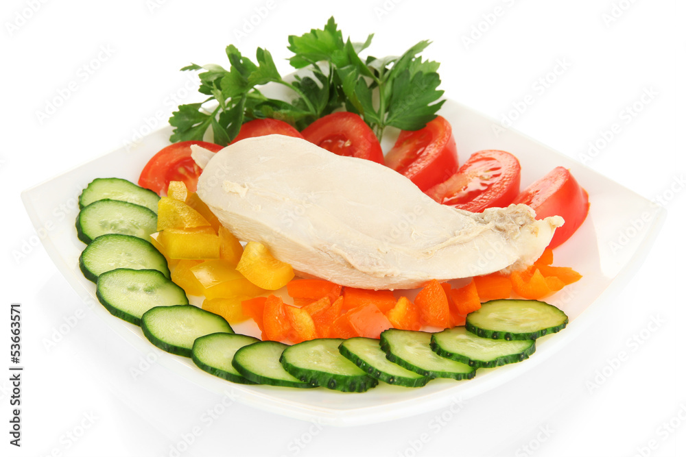 Boiled chicken breast on plate with vegetables isolated on Boiled chicken breast on plate with vegetables isolated on