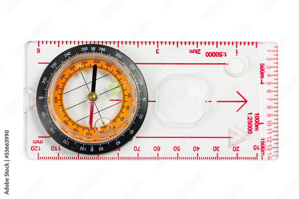 A ruler with compass isolated on a white background A ruler with compass isolated on a white background