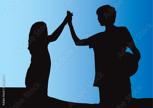 Girl and boy friendly high five gesture and greeting