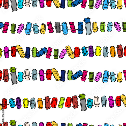 Funny cars on parking space, seamless pattern