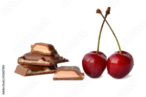 Chocolate bar pieces with cherry