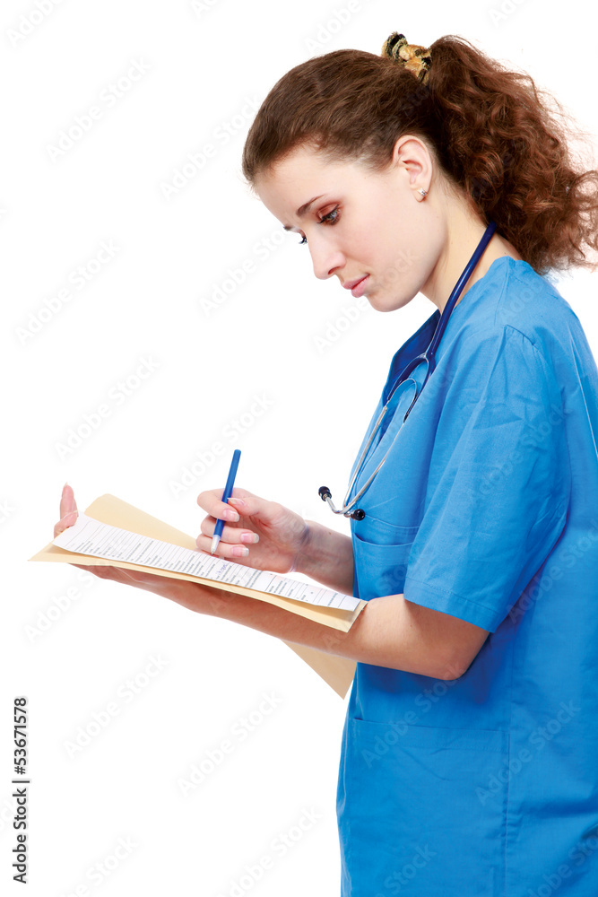 A female doctor with a folder , isolated on white background