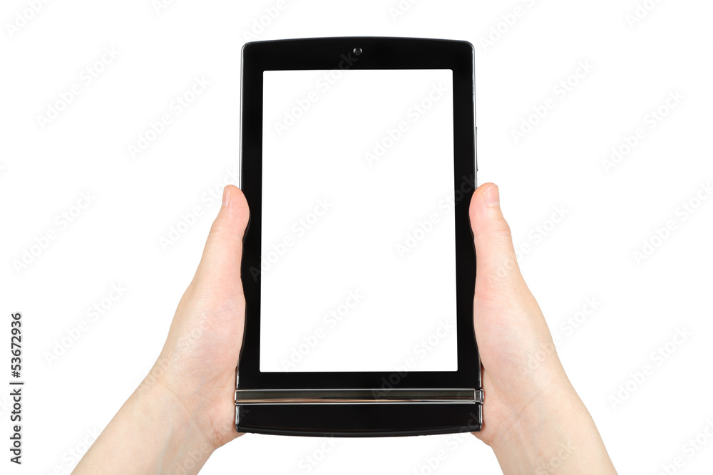 Hands holding touch screen tablet pc