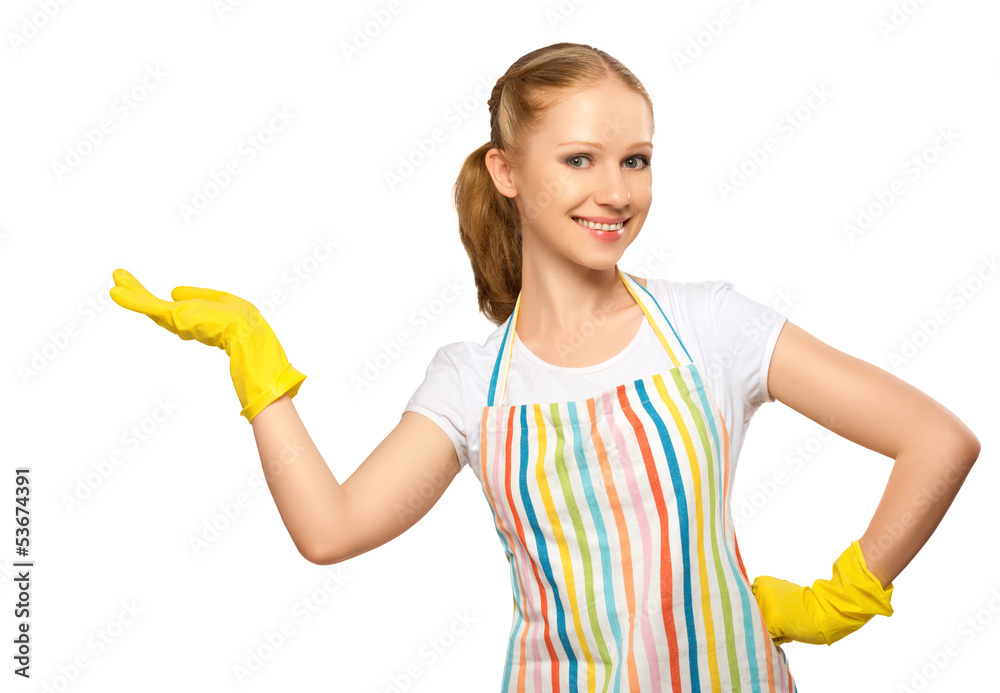 happy young housewife in glove with white empty billboard isolat happy young housewife in glove with white empty billboard isolat