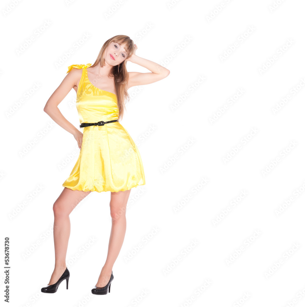 Showing and posing young smiling woman Showing and posing young smiling woman
