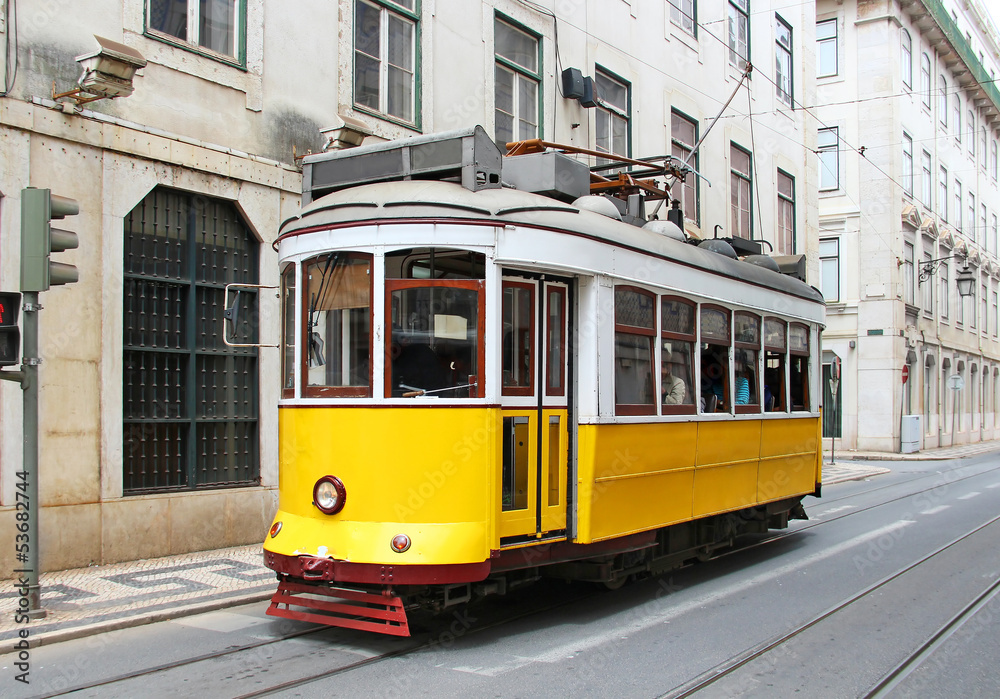 Old yellow Lisbon tram, Portugal