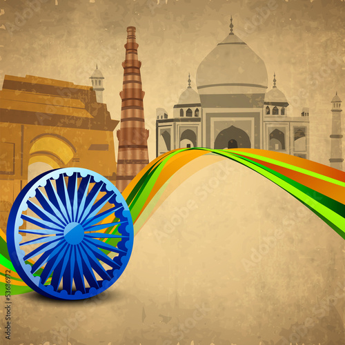 3D Ashoka wheel with national flag colors and famous monuments b