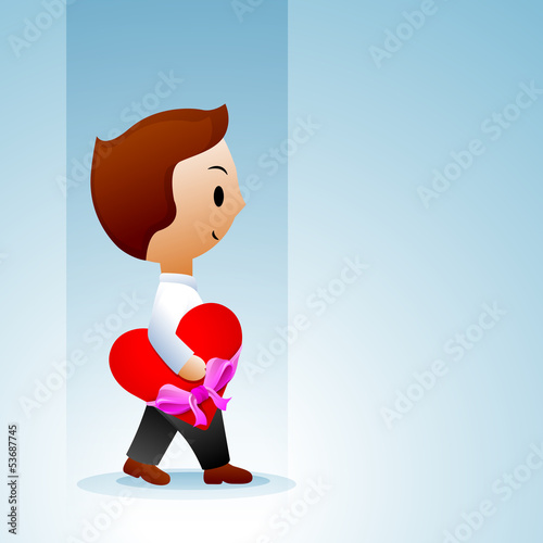 Cute little boy holding gift of his heart on blue background.