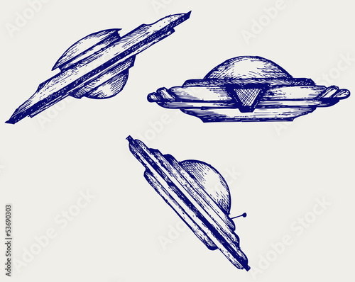 Space flying saucer. Doodle style