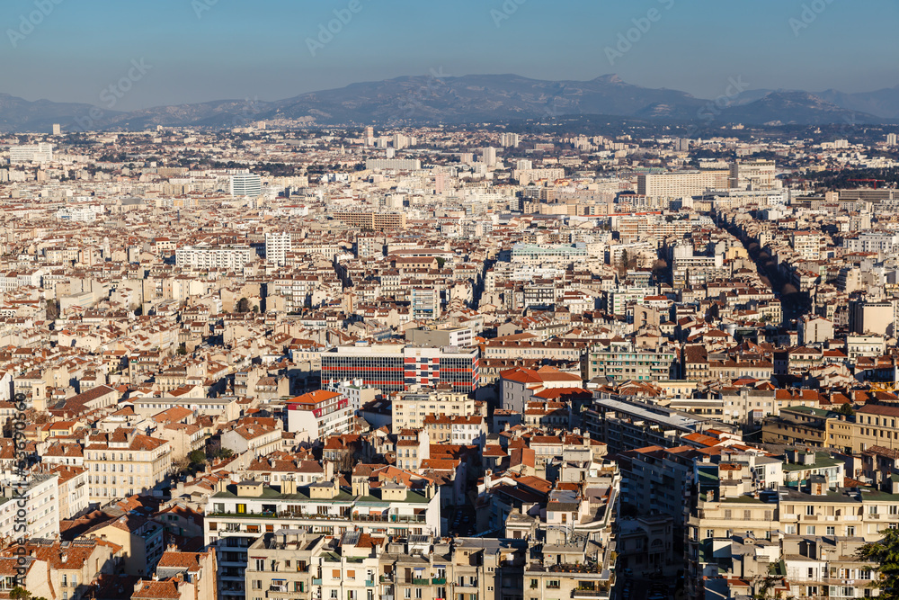 Aerial View of Marseille City and Mountains in Background, Franc