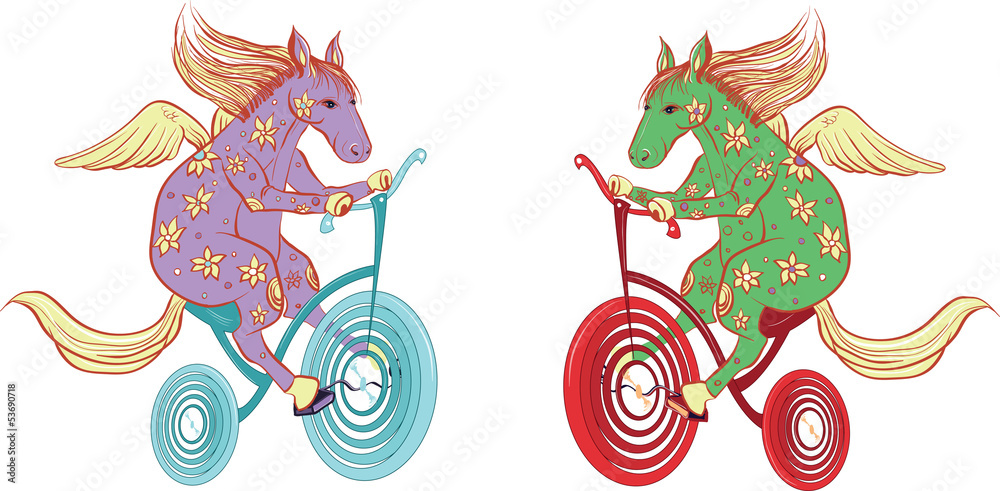 Naklejka premium Pegasus rides a bicycle