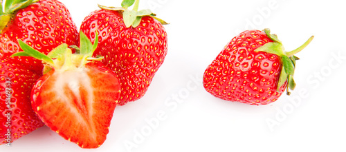 Ripe juicy strawberries on white background, food photo