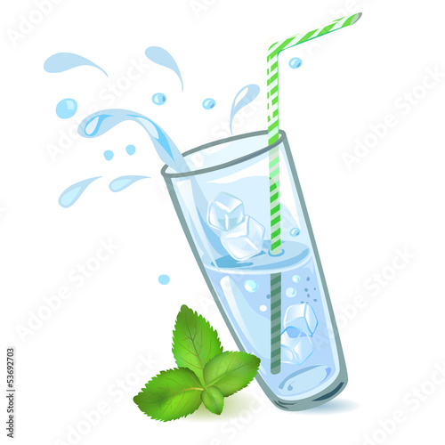 glass of water with ice and mint