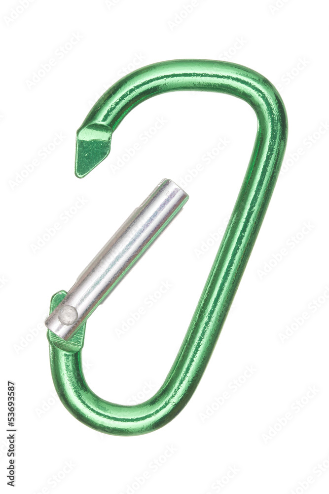 silver and green aluminum carabiner isolated on white background