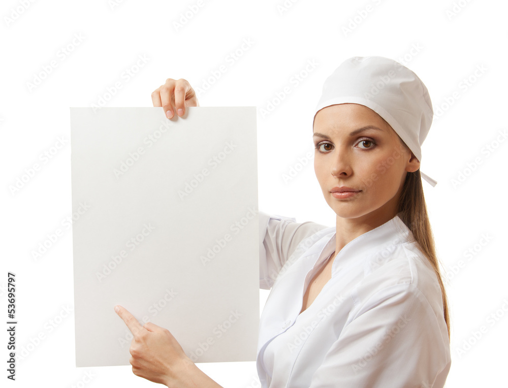 woman nurse or doctor showing blank sign board. woman nurse or doctor showing blank sign board.